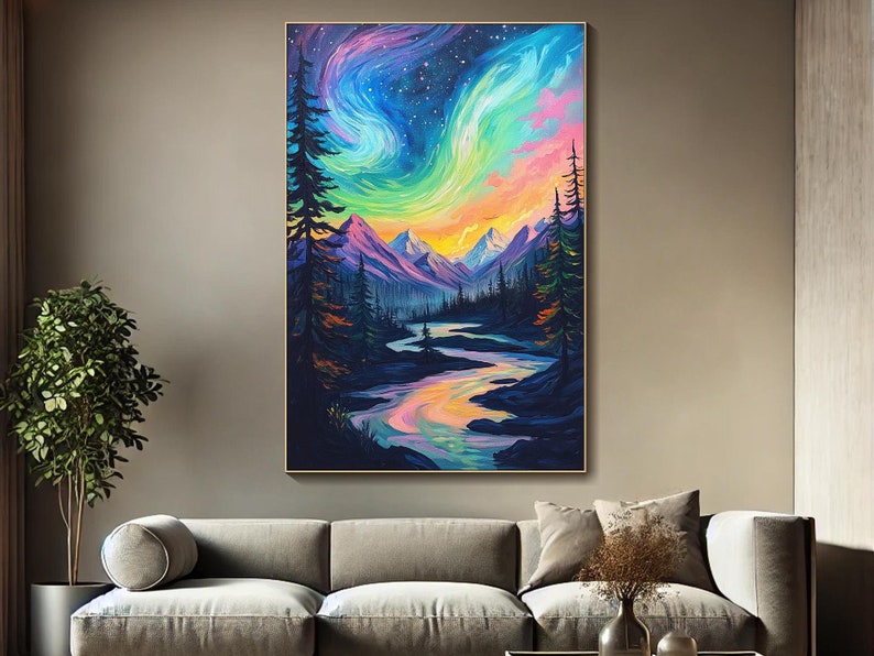 May include: A painting of a colorful aurora borealis over a mountain range with a river winding through the forest. The sky is a vibrant mix of pink, purple, green, and blue, with stars scattered throughout. The mountains are dark blue and purple, and the trees are a deep green.