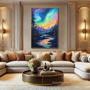 May include: A painting of a colorful aurora borealis over a mountain range with a river flowing through the valley. The sky is a vibrant mix of pink, purple, blue, and green, with stars scattered throughout. The mountains are dark and forested, with a few trees visible in the foreground.