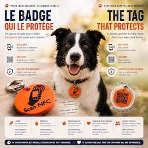 Peut inclure: Un badge orange pour animaux de compagnie avec le texte "Scan NFC" et une illustration de chien. La médaille est légère, durable et étanche. La médaille aide à réunir les animaux perdus avec leurs propriétaires. La médaille a un code QR.