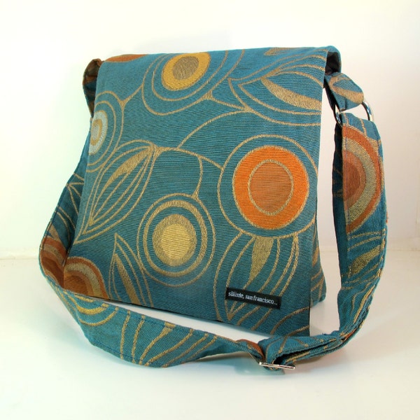 MESSENGER BAG. Teal and gold "Deco" Bag. Crossbody bag. Travel Bag. Messenger Bag. Fabric bag. Locally made. Slainte Bags. Made in USA.