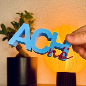 Könnte beinhalten: Ein blaues, 3D-gedrucktes Schild mit der Aufschrift "ACH" in großen Blockbuchstaben, mit einem roten kursiven "h" und einem roten Punkt über dem "i". Das Schild wird in einer Hand gehalten, mit einer kleinen Pflanze und einer gelben Lampe im Hintergrund.