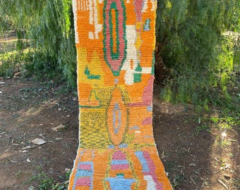 Handmade Moroccan Wool Rug - Vintage Boujaad Berber Runner in Vibrant Orange, Pink & Yellow Boho Decor