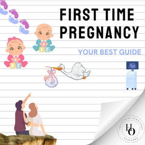 Peut inclure: Un guide pour les premières grossesses avec des illustrations d'une cigogne portant un bébé, un couple regardant une échographie et un bébé tenant des blocs. Le texte indique "Première grossesse Votre meilleur guide".
