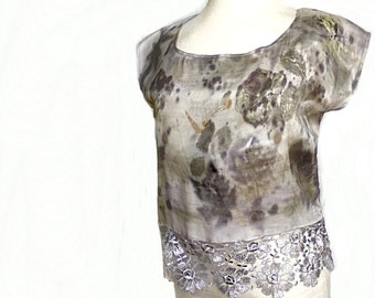 Silk top, Natural Dyeing on Silk, Eco leaf flower, Contact dyeing, Natural Plant Dyed, Eco Friendly Summer Silk