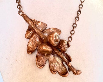 COLLIER RAMEAU CHÊNE pendentif plaqué cuivre métal électroformage unique personnalisé jewerly