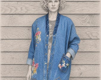 Veste en jean oversize brodée fleurie