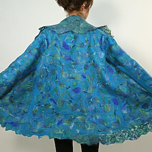 Felted women wool coat turquoise multicolored jacket PEACOCK wearable art coat, ready to ship