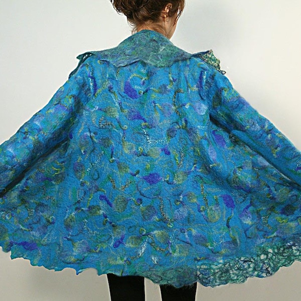 Felted women wool coat turquoise multicolored jacket PEACOCK wearable art coat, ready to ship