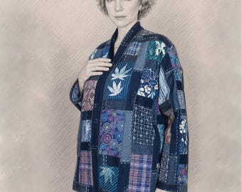 Veste japonaise Boro, patchs en coton sashiko, vêtements en patchwork, fait main artisanale