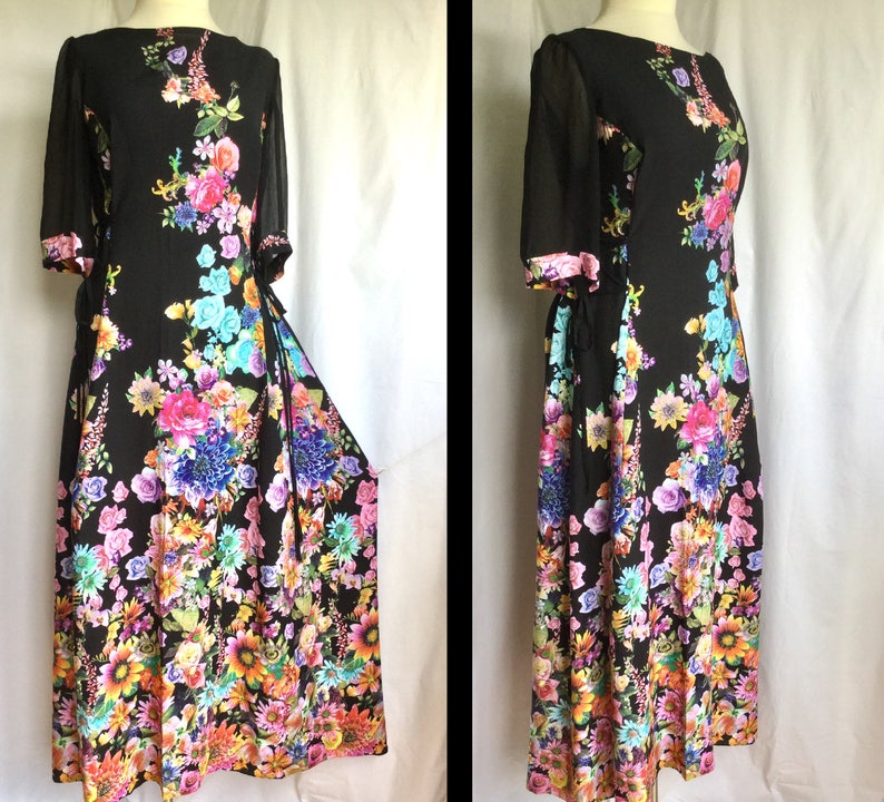 Long Rayon Black Dress Floral Print Chiffon Size L Ready to | Etsy