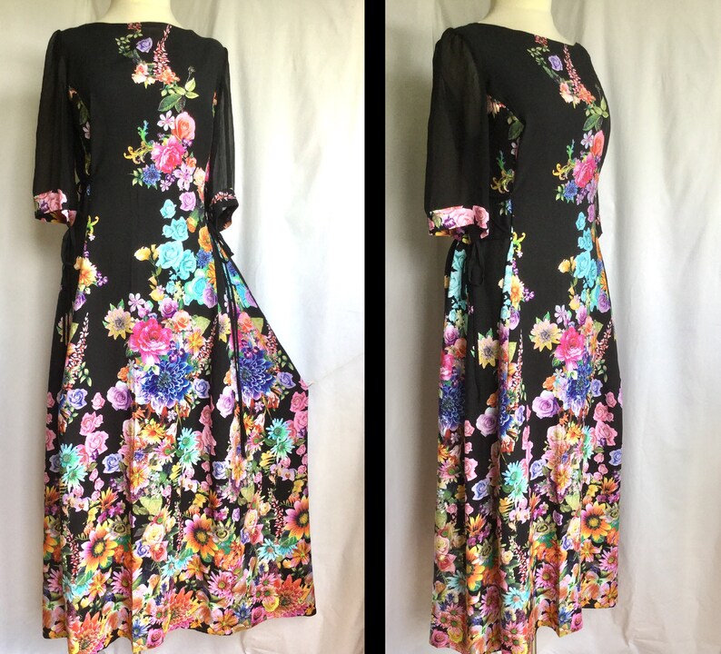 Long Rayon Black Dress Floral Print Chiffon Size L Ready to | Etsy