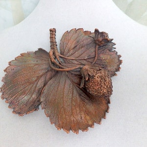 Copper plated Real strawberry , metal brooch, electroformed leaf, leaf jewelry, electroforming, unique custom jewerly