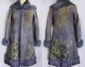 Women felted lavender wool winter coat Art to wear lily of the valley sheepskin collar
