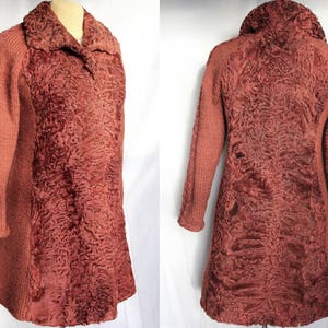 Women winter karakul fur long jacket, terra cotta astrakhan fur coat