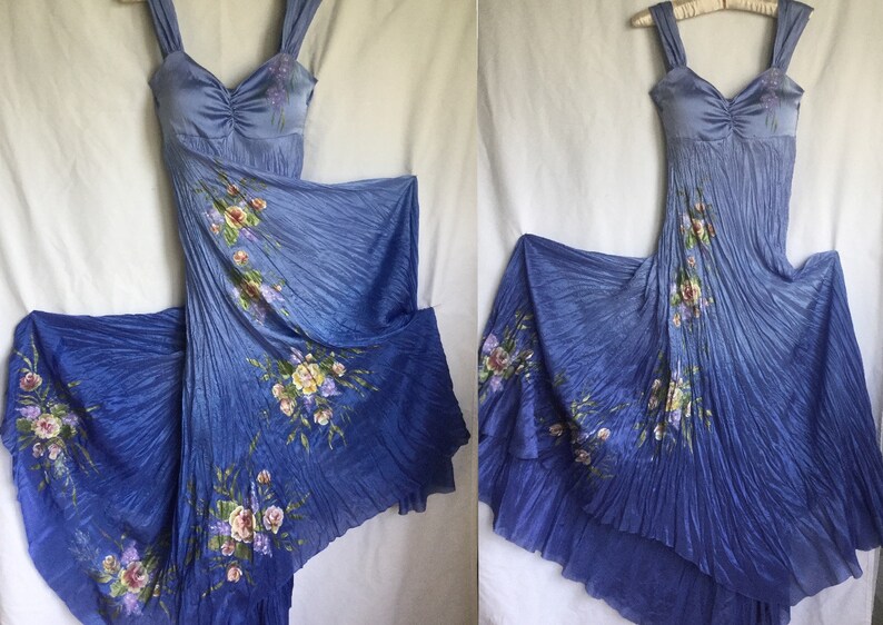 Hand Painted Blue Silk Dress Evening Wedding Roses Flowers Etsy