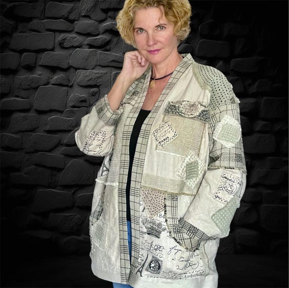 Boro Inspired Patchwork Linen Jacket With Sashiko Embroidery