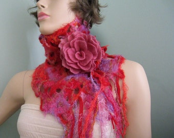 Felted merino wool red scarf felted flower brooch red pink fringes gift for her