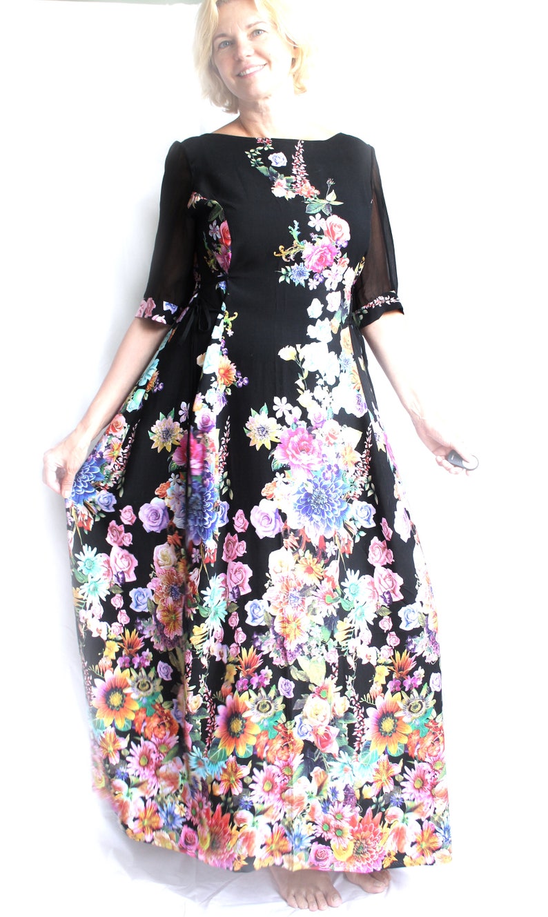 Long Rayon Black Dress Floral Print Chiffon Size L Ready to | Etsy