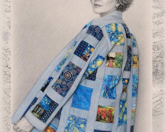 Veste sashiko japonaise inspirée de Van Gogh, kimono boro, vêtements en patchwork, fait main