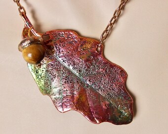 Copper plated Real oak leaf choker, tiger eye acorn, metal necklace,  leaf pendant, electroforming, unique custom jewerly