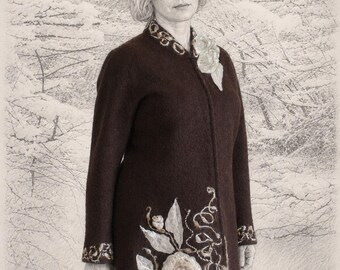 Boiled Wool brown jacket coat Felted flowers boho couture size large