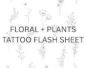 Delicate Floral Line Art Tattoo Flash Sheet – Minimalist Botanical Tattoos (Digital Download)