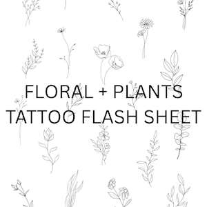 Könnte beinhalten: Ein digitales Blatt mit 14 Schwarzweiß-Linienzeichnungen verschiedener Blumen- und Pflanzenmotive. Der Text "Floral + Plants Tattoo Flash Sheet" befindet sich am unteren Rand des Blattes.