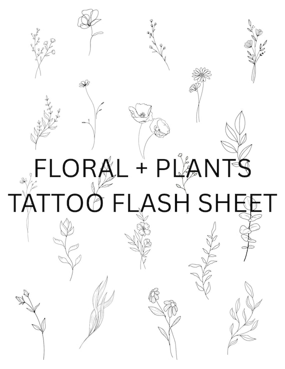 Delicate Floral Line Art Tattoo Flash Sheet – Minimalist Botanical Tattoos (Digital Download)