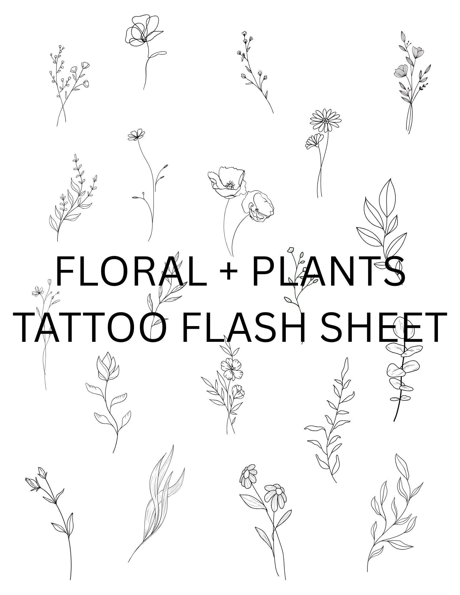 Delicate Floral Line Art Tattoo Flash Sheet – Minimalist Botanical