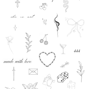 Fine Line Tattoo Flash Sheet | Minimalist Tattoos | 25 Tattoos | Digital Download