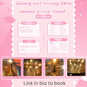 Puede incluir: Un folleto digital rosa titulado luxury and beauty libra season group ritual con texto sobre rituales simbólicos de amor propio, belleza y abundancia. Cuatro fotos pequeñas muestran velas encendidas en bandejas de aluminio. Texto: Link in bio to book.