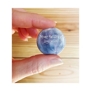 More Wonder, Less Worry moon button, Jean jacket button, moon art button, 1.25” button