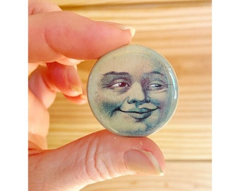 Vintage Moon Face Button, Man on the moon button, Jean jacket button, moon art button, 1.25” button, paper moon button