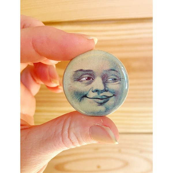 Vintage Moon Face Button, Man on the moon button, Jean jacket button, moon art button, 1.25” button, paper moon button