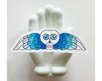 Memento Mori Aqua Blue Winged Skull Death’s Head Sticker