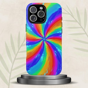 Psychedelic Rainbow Swirl Tough Phone Case, Trippy Color Burst Art Cover for Several Phone Models, Protective Shock Absorption