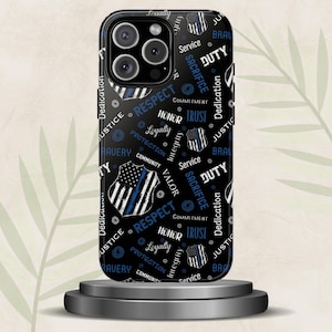 May include: Black phone case featuring a design with a blue line American flag, the words "Respect", "Honor", "Duty", and other related words. The case is on a gray stand against a neutral background.