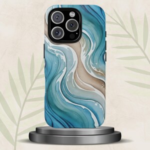 Ocean Wave Phone Case, Watercolor Beach Vibe Protective Cover with Coastal Blue Swirls, Smartphone Case, Blue Teal Sand, Tough Case
