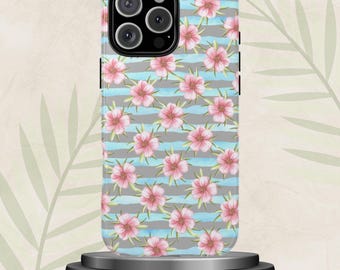 Pastel Stripe Flower Phone Case: Cute Tropical Flower Print for iPhone 17 16 15 14 Pro Max Plus, Pixel 9 8 7, Samsung S25 S24 S23 Ultra
