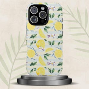 Lemon Phone Case for Foodies, Hand-Drawn Lemon Citrus & Leaves in Pastels, Watercolor Fruit Tough Case with Summer Aesthetic