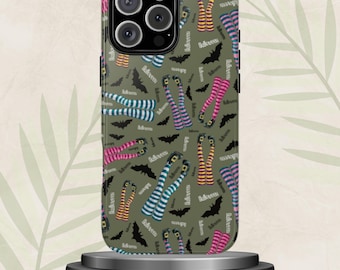 Halloween Phone Case with Witch Legs, Spooky Bats & Stripes: for iPhone 17 16 15 14 Pro Max Plus, Pixel 9 8 7, Samsung S25 S24 S23 Ultra