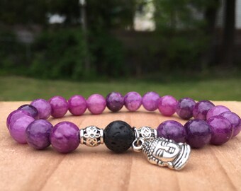 Purple Beaded Bracelet, Buddah Charm Yogi Jewelry , Stretch Boho Charity Bracelet, Lava Stone Diffuser Aromatherapy Calming Gift Jewelry