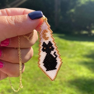 Black Cat Pendant, Halloween Necklace, Black and White Jewelry, October Fall Pendant, Spooky Jewelry, Beaded Tie, Cute Little Black Cat