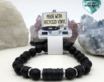 Black Lava Stone and Silver Bracelet Modern Mans Jewelry Gift for Music Lover Guys or Girls Strength Black and Silver Dark Bracelet