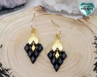 Black and Gold Earrings, Present for Wife, Mother, Girlfriend  Woman's Unique Woven Diamond Shape Dangle Beaded Earrings For Her