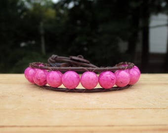 Neon Pink Bracelet, Leather Wrap Around For Her, Brown Cord Hot Pink For Girlfriend, Womens Birght Stone Summer Fashion Bracelet