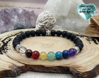 Rainbow and Black Bracelet Chakra Bracelet, Wellness Anxiety Relief Present, Essential Oil Lava Stone, Healing Jewelry for Her, 7 Chakras