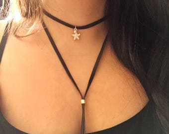 Suede Choker Necklace for Hippies, Long Starfish Jewelry, Adjustable Summer Festival Accessories, Bohemian Style Brown and Gold Gift for Her