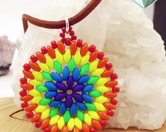 Colorful Rainbow Beaded Pendant Neon Bright Necklace