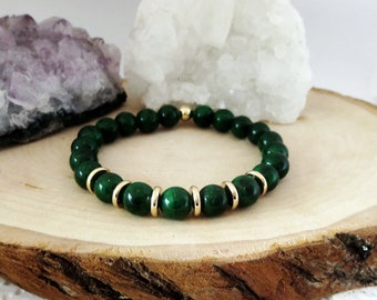 Green and Gold Bracelet Stackable Stone Stretch Bracelet Men's Women's Stylish Dark Green Jewelry Unisex Fashion Bracelet Dark Green Jewelry